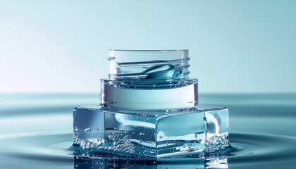 A serene glass jar floating on ice cubes in calm water, captured from a straight-on viewpoint.