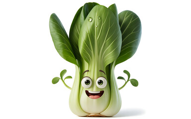 A cartoon bok choy with a cheerful face and leaves on a white background
