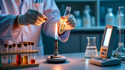Scientist Performing Lab Test with Bunsen Burner - Chemical Analysis and Experimentation