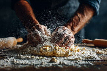 Hands kneading fresh dough with flour on wooden table, artisan baking process, homemade bread preparation, rustic kitchen atmosphere.