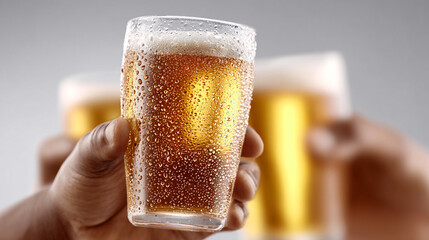 Friends clinking glasses of cold beer in bar, celebration moment, social gathering, friendship, leisure time, warm light atmosphere.