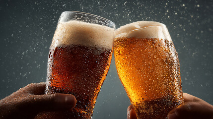 Friends clinking glasses of cold beer in bar, celebration moment, social gathering, friendship, leisure time, warm light atmosphere.