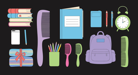 A vibrant collection of essential school supplies and personal items neatly arranged on a dark background, ideal for back-to-school themes.