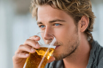 Man drinking beer, relaxed expression, casual lifestyle, refreshing beverage moment, modern leisure concept.