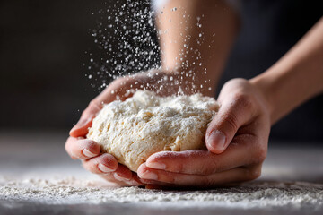 Hands kneading fresh dough with flour on wooden table, artisan baking process, homemade bread preparation, rustic kitchen atmosphere.
