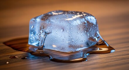 Melting ice block on wooden surface capturing the fleeting essence of coldness and fragility