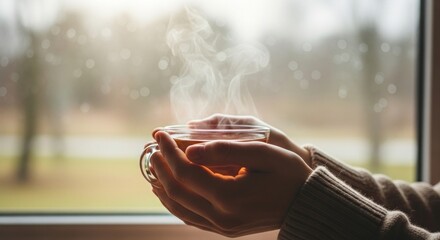 Steaming cup of tea warming hands on a rainy day providing comfort and relaxation at home