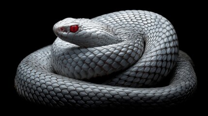 Fototapeta premium A coiled grey snake with striking red eyes rests against a dark backdrop,
