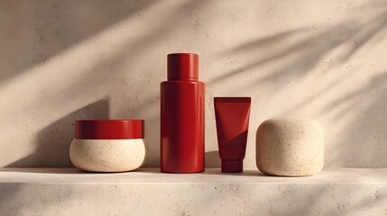 Elegant skincare product set in warm sunlight with natural shadows and minimalist design.