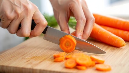 Chopping Carrots on Wooden Cutting Board - Healthy Food Preparation