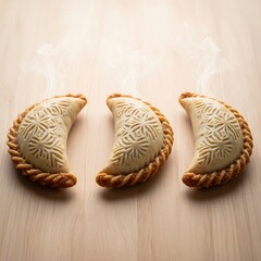 Mini Moroccan Kaab el Ghazal : crescent-shaped almond pastries with intricate patterns and orange blossom scent. Arranged symmetrically on a light wood surface.
