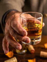 Hand Holding Glass of Whiskey with Corks on Wooden Surface