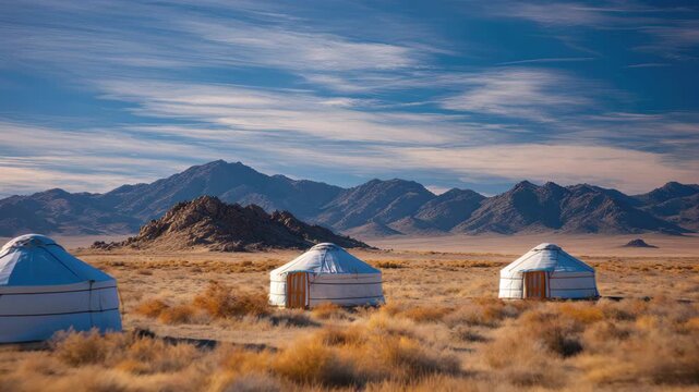 Three traditional yurts set in a vast, arid landscape with golden grasses and dramatic mountains under a blue, cloudy sky, 4k video