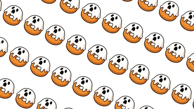Seamless looping animation of cute ghost dougnuts moving sideways on a white background. Fun and festive design perfect for Halloween, dessert concepts, party themes, and playful animated patterns