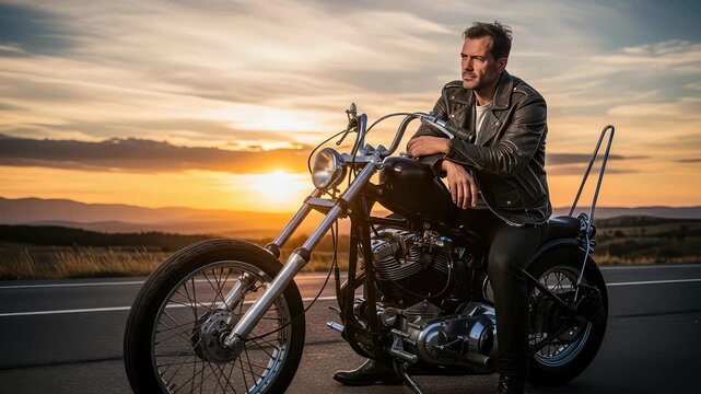 Captivating imagery of a man on a chopper bike against a vibrant sunset backdrop, exuding freedom