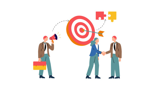 A business team celebrates a success, shaking hands while a colleague speaks through a megaphone. The bullseye target puzzle pieces symbolize alignment, partnership, clear strategic communication