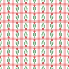 Fototapeta premium ​Seamless pattern with red tulip vines over a pink and white gingham check background. Cute cottagecore floral groovy illustration for spring textiles, wallpaper, and gift wrap.
