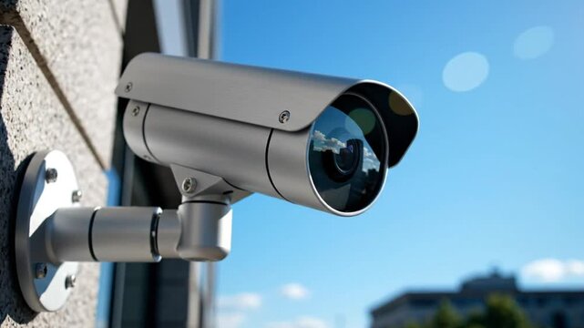 Surveillance security camera mounted on a building wall capturing video with a clear blue sky background