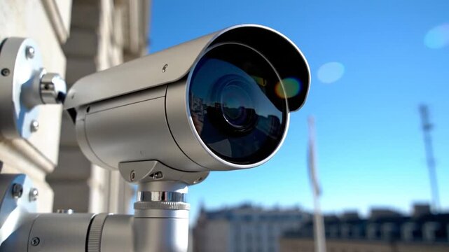 Close up view of a security camera mounted on a building exterior capturing footage outdoors