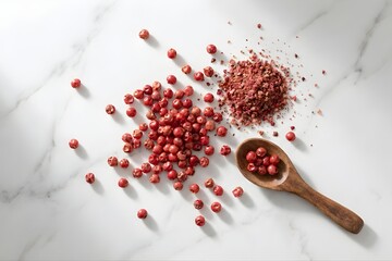 Pink Peppercorns and Ground Pepper Flat Lay on White Marble Table