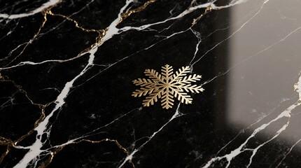 Luxury 3d render of black marble surface with natural white veining elegant polished reflective texture, adorned with intricate golden snowflake engravings in metallic foil.