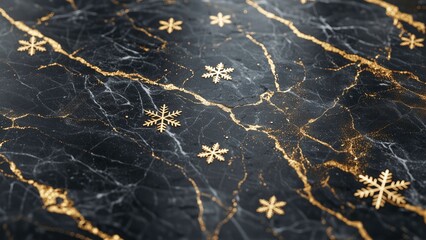 Luxury 3d render of black marble surface with natural white veining elegant polished reflective texture, adorned with intricate golden snowflake engravings in metallic foil.