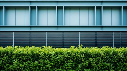 Modern architecture with a green hedge and repeating facade elements
