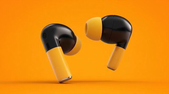 Two sleek wireless earbuds with yellow rubber tips and metallic touchpads rest on an orange background,