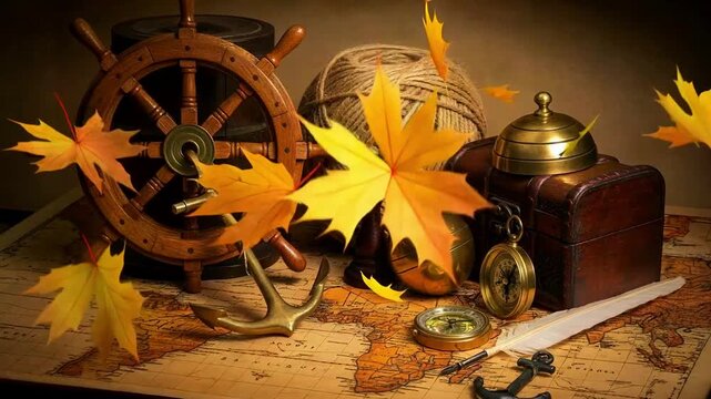 Navigation tools and antique objects on a world map background with a ship's wheel and anchor.