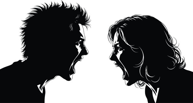 Black silhouette vector of two people arguing face to face, expressing emotional conflict, anger, and intense communication tension concept.
