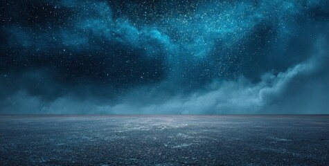 Fototapeta premium Dramatic Cosmic Blue Swirling Sky Over Empty Textured Concrete Floor Stage Background.