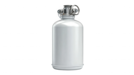 Silver oxygen tank with metal valve and handle standing upright on transparent background