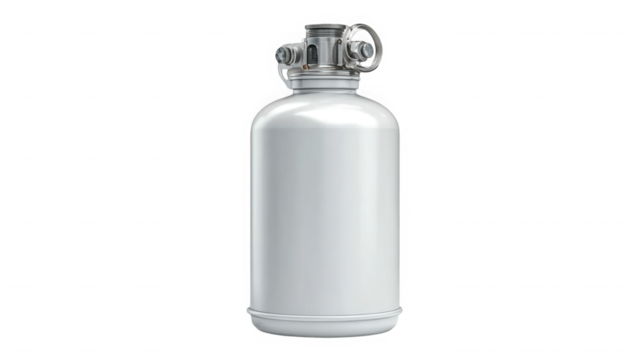 Silver oxygen tank with metal valve and handle standing upright on transparent background - Powered by Adobe