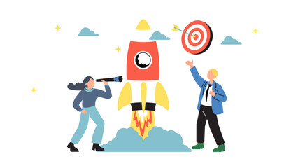 A vibrant illustration of a rocket launch between two people, one with a telescope and the other reaching for a target, symbolizing ambition, teamwork, and goal achievement in business