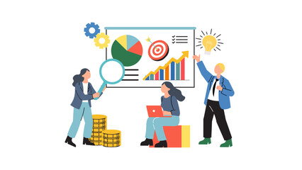 A collaborative team analyzes data on charts and dashboards to drive growth and strategic planning. Magnifier highlights details, while coins symbolize finance and success