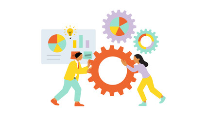 A vibrant illustration showing teamwork and innovation as two people push a large orange gear, with charts, a lightbulb, and smaller gears symbolizing collaboration, data-driven progress