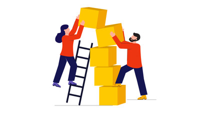 Two coworkers collaborate with a ladder and stacked yellow boxes, showing teamwork, effort, and support as they build a structure. This image conveys cooperation, progress, collective problem solving