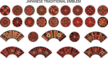 Japanese traditional emblem, cultural motif, floral pattern, geometric design, red black gold, heritage symbol, circular fan shape -flat vector illustration © Miskur Rumi 