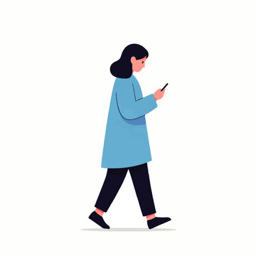 Minimalist illustration of a woman walking while engrossed in her smartphone, highlighting modern mobile device usage and connectivity.