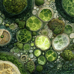 Vast mossy surface gemstones merged create luminous fractal fabric texture unique property novel.