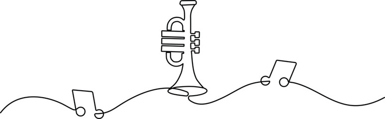 Minimalist continuous one-line drawing of a trumpet with music notes. Sleek black outline vector for jazz, orchestra, and melody themes.