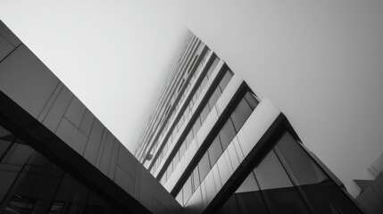 Distinct modern architecture stands tall with daring triangular patterns alternating between dark reflective glass and pale matte panels