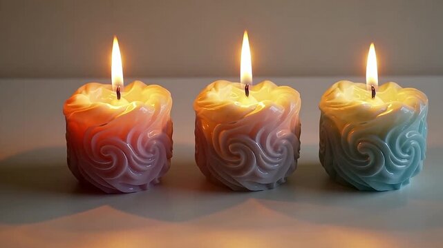 Three colorful candles with swirling patterns burning brightly