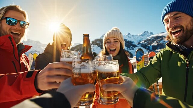 Friends in ski gear toast with beer glasses against snowy mountains. Cheerful apr&egrave;s-ski party atmosphere on sunny winter day. Perfect for vacation, lifestyle and winter sports concepts.
