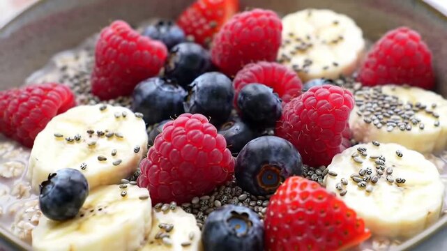 A bowl of oatmeal topped with sliced bananas, fresh raspberries, blueberries, and chia seeds