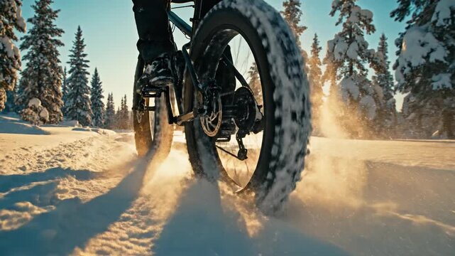 Close up fat bike wheels riding on snowy path in winter forest. Golden sunlight illuminates scene creating adventurous mood. Perfect for sport travel and active lifestyle concepts.