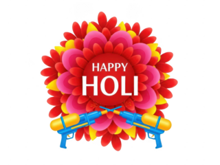 Happy holi celebration with colorful flowers and water guns isolated on transparent background