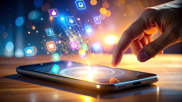 Smartphone App Icons Emerge, Finger Interacts with Screen