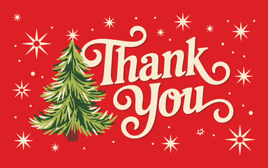 Red background with thank you text and green Christmas tree