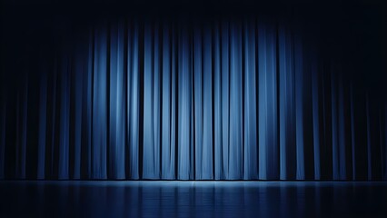 Dramatic Blue Stage Curtains with Spotlight on Theater Floor for Event Openings and Cinematic Presentations